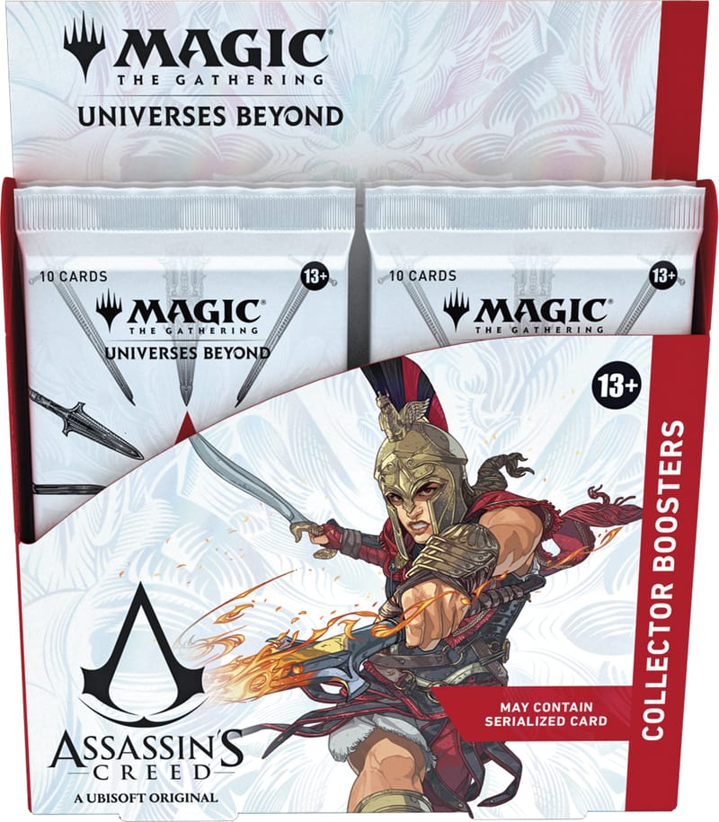 Assassin's Creed Collector Booster display, with 10-card packs visible in the tray.
