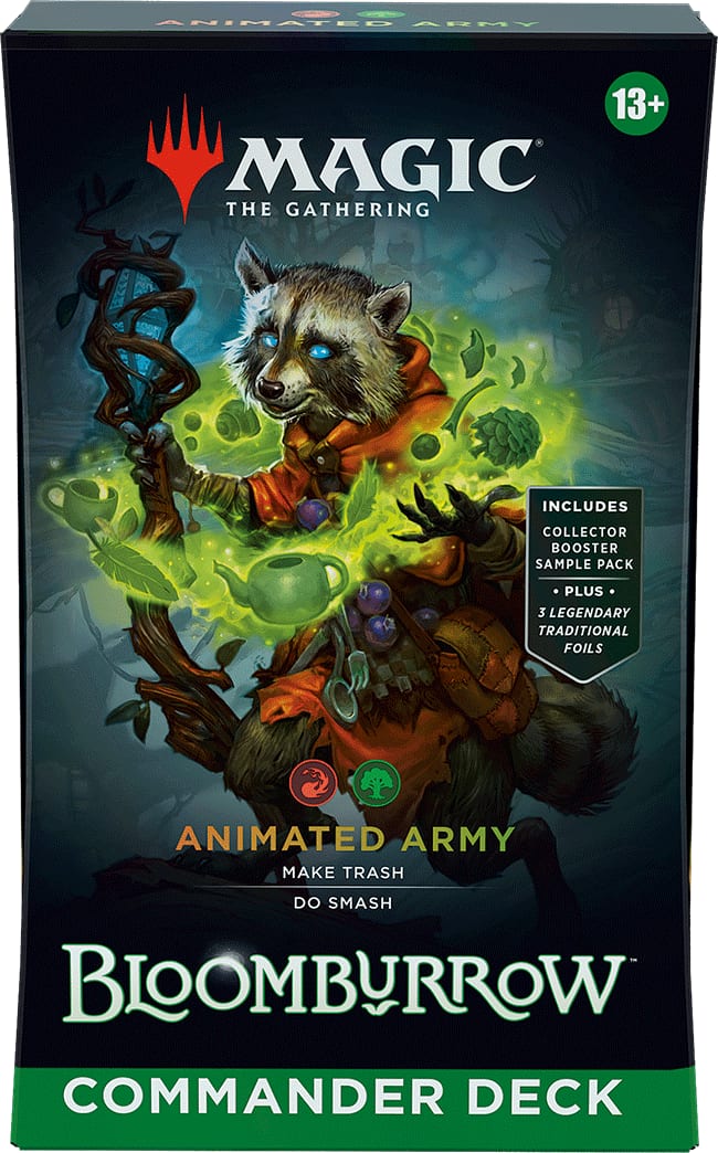 Animated Army red-green Bloomburrow Commander deck packaging featuring Bello, Bard of the Brambles.