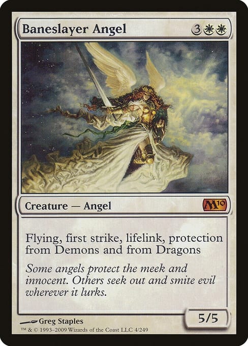 Baneslayer Angel, a white mythic rare Angel from Magic 2010 with no holofoil stamp at the bottom of the card front.