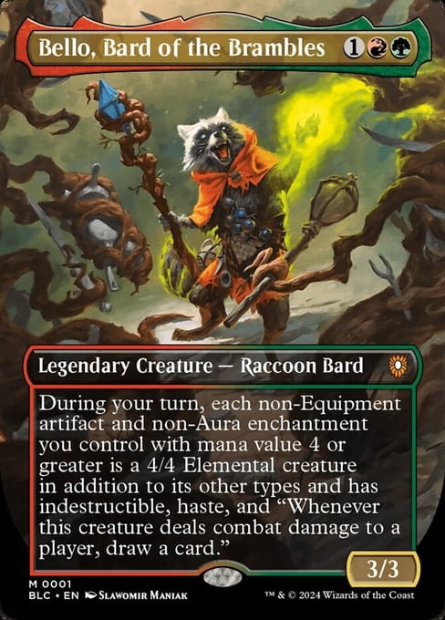 Bello, Bard of the Brambles, Legendary Creature Raccoon Bard from Bloomburrow Commander.
