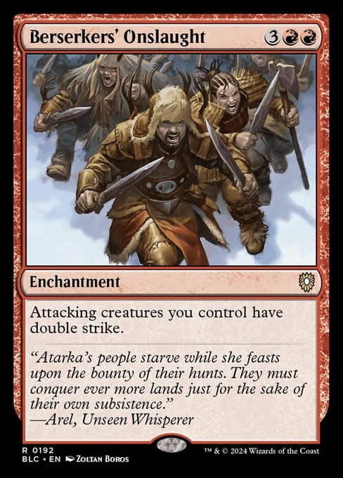 Berserkers' Onslaught, Enchantment from Bloomburrow Commander.
