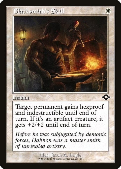 Retro-frame Modern Horizons 2 printing of Blacksmith's Skill, using the classic pre-modern layout with a colored rules box.