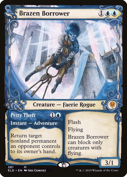 Throne of Eldraine storybook showcase printing of Brazen Borrower, with an illustrated fairy-tale border around the card.