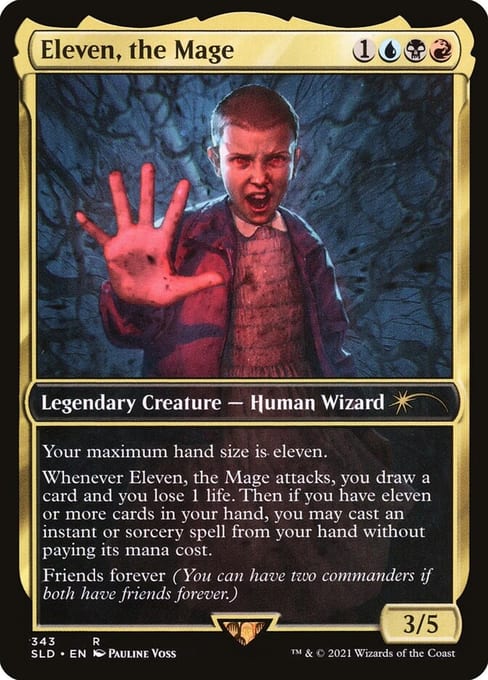 Secret Lair Stranger Things printing of Cecily, Haunted Mage, with the licensed name Eleven, the Mage printed on the card.
