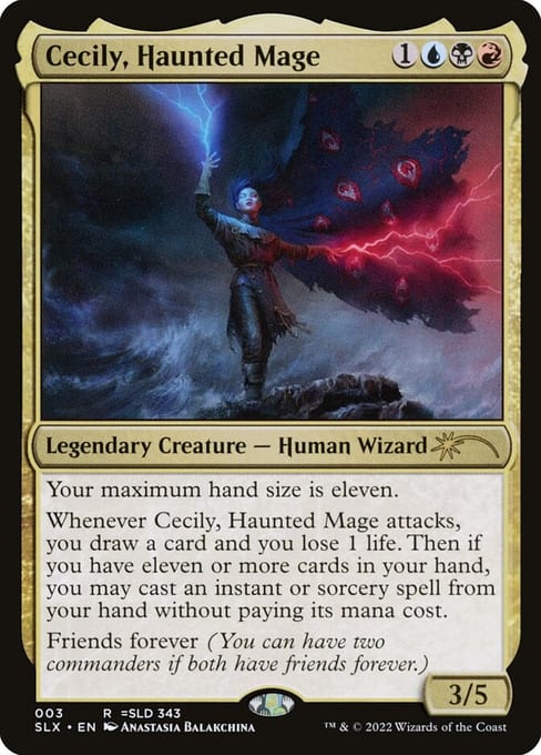 Universes Within printing of Cecily, Haunted Mage, using a Magic-world name and setting for the same mechanical identity.