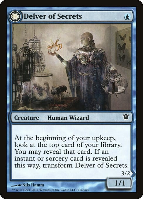 Front face of Innistrad Delver of Secrets, a blue Human Wizard creature, with the information line printed 51a/264.
