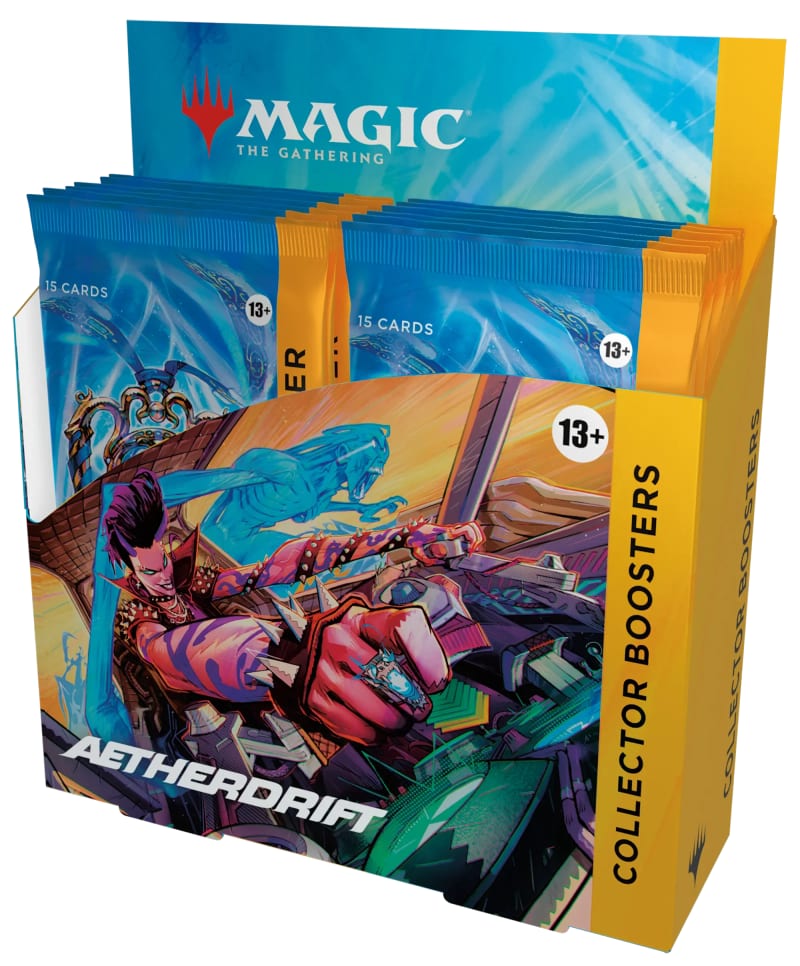 Aetherdrift Collector Booster display box with a gold side panel and packs marked 15 cards standing in the tray.