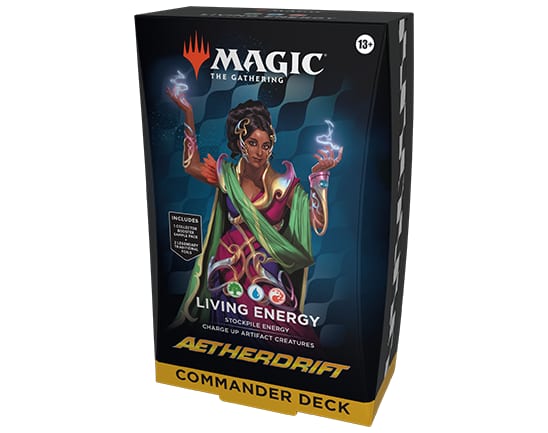 Aetherdrift Commander Deck box for Living Energy, a green-blue-red ready-to-play deck, with a front badge noting one Collector Booster Sample Pack inside.