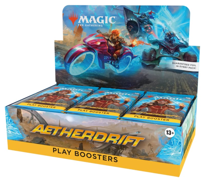Aetherdrift Play Booster display box with three Play Booster packs visible in the tray and Chandra racing on the header art.