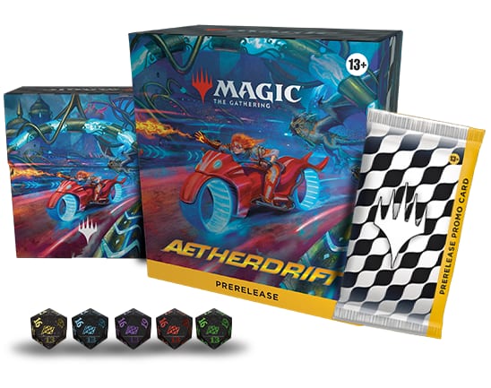 Aetherdrift Prerelease Pack with its deck box, stamped promo pack, and five colored spindown dice.