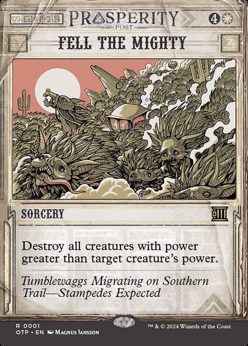 Breaking News newspaper-style printing of Fell the Mighty, using the OTP set code from Outlaws of Thunder Junction.