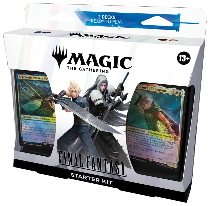 Magic: The Gathering FINAL FANTASY Starter Kit box labeled two decks ready to play, with Cloud and Sephiroth on the front.