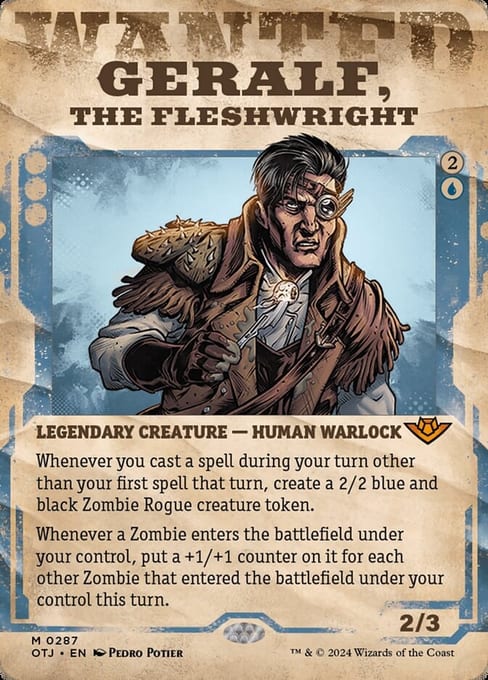 Outlaws of Thunder Junction wanted-poster showcase printing of Geralf, the Fleshwright, keeping the main OTJ set code.