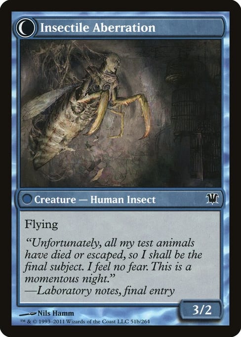 Back face of Innistrad Delver of Secrets, Insectile Aberration, a blue Human Insect creature, with the information line printed 51b/264.