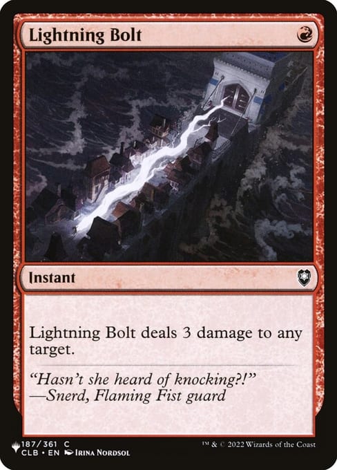 The List printing of Lightning Bolt that keeps the Commander Legends: Battle for Baldur's Gate code and collector number, with a small white planeswalker stamp at the lower left.