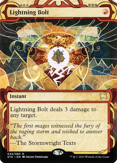English Mystical Archive Lightning Bolt, collector number 42, a borderless red Instant that exists in nonfoil, foil, and etched finishes.