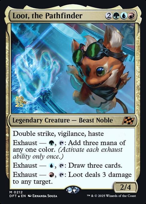 Prerelease-stamped foil printing of Loot, the Pathfinder, with a date stamp on an otherwise regular Aetherdrift frame.