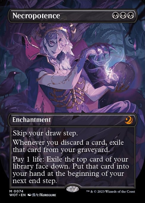 Enchanting Tales bonus-sheet printing of Necropotence, using the WOT set code rather than Wilds of Eldraine.