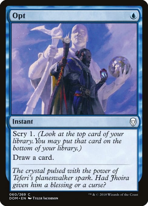 Dominaria printing of Opt, a main-set reprint that uses the Dominaria set code and collector number.