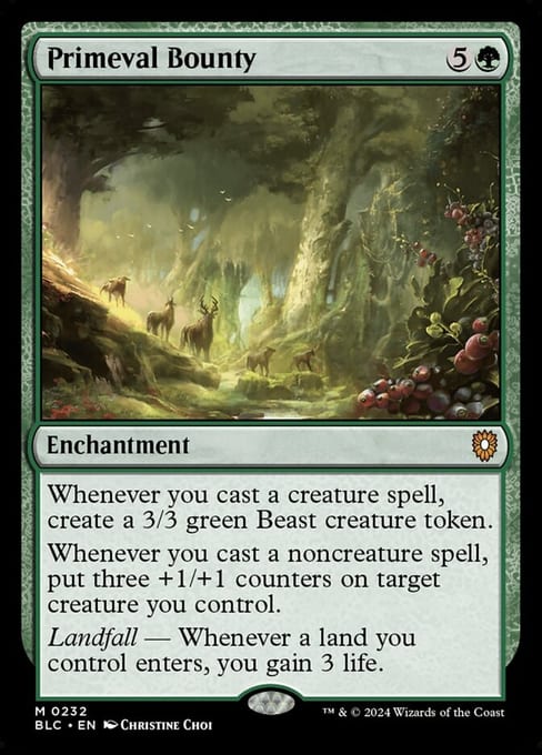 Primeval Bounty, Enchantment from Bloomburrow Commander.