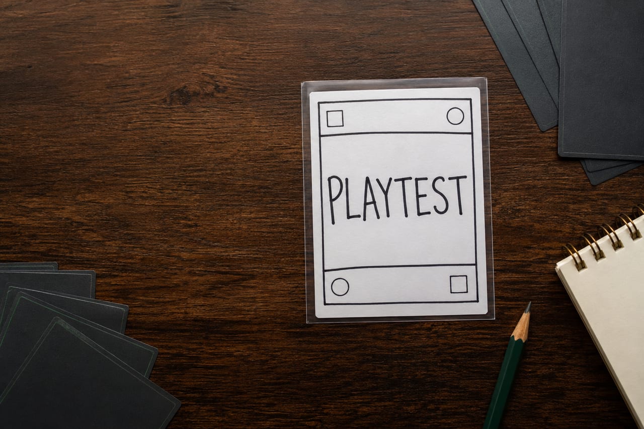 A handmade paper playtest card labeled PLAYTEST in a clear sleeve on a wooden table beside card sleeves and a pencil.