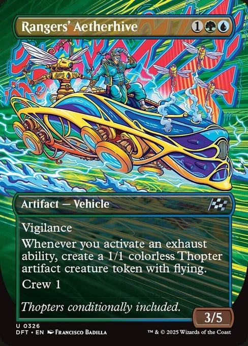 Borderless printing of Rangers' Aetherhive from Aetherdrift, with the illustration running to the physical edges of the card.