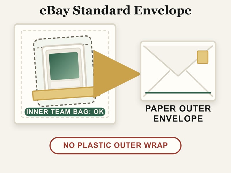 Editorial diagram: a sleeved card in a holder inside a team bag taped to folded paper, moving into a paper outer envelope, with a reminder not to use plastic outer wrap.