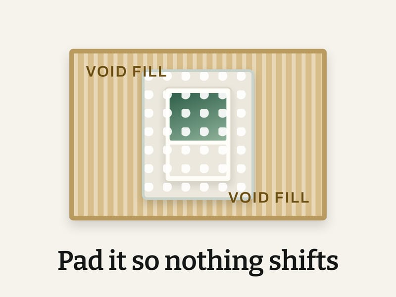 Editorial diagram: a card in a bubble-wrapped inner package centered in a corrugated carton with void fill labeled at two corners, headed pad it so nothing shifts.