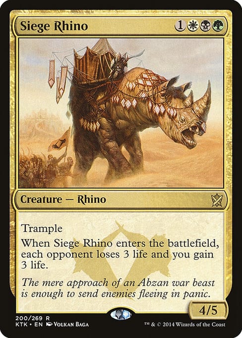 Siege Rhino, a rare Creature from Khans of Tarkir with an oval holofoil stamp at the bottom center of the card front.