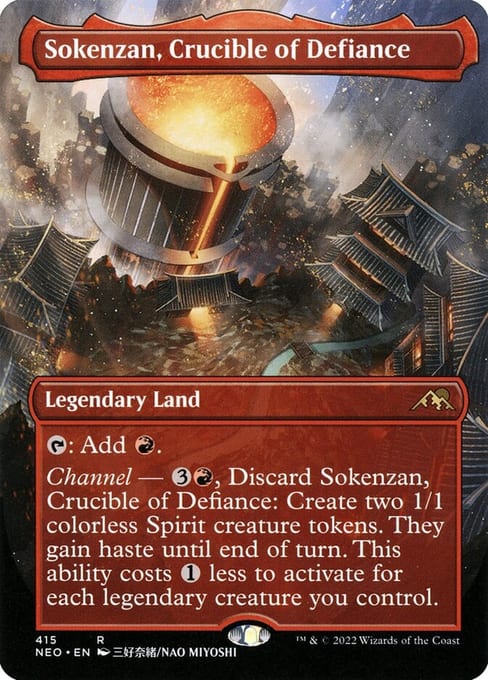 Borderless Kamigawa: Neon Dynasty printing of Sokenzan, Crucible of Defiance, numbered 415 outside the main NEO range.