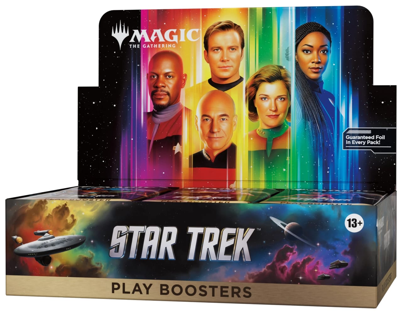 Magic: The Gathering | Star Trek Play Booster display with Kirk, Picard, Sisko, Janeway, and Burnham on the packaging.