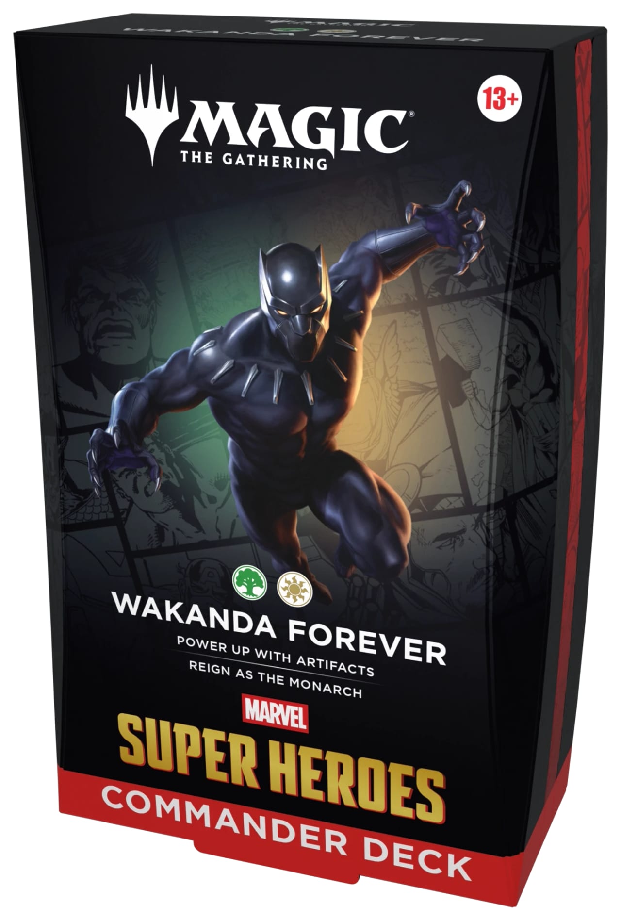 Wakanda Forever green-white Marvel Super Heroes Commander deck packaging featuring T'Challa, the Black Panther.