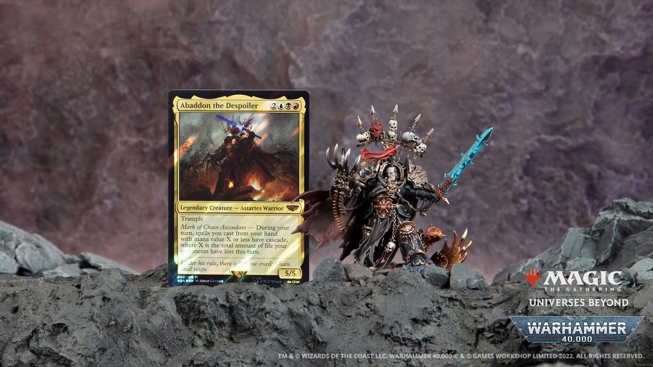 Surge foil Abaddon the Despoiler card beside the Warhammer 40,000 miniature in official Magic: The Gathering key art.