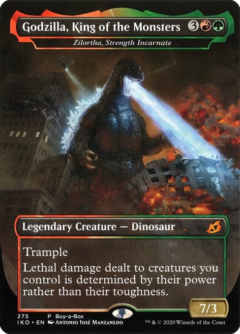 Ikoria Godzilla-series printing of Zilortha, Strength Incarnate, showing the licensed character name above the Magic card name.